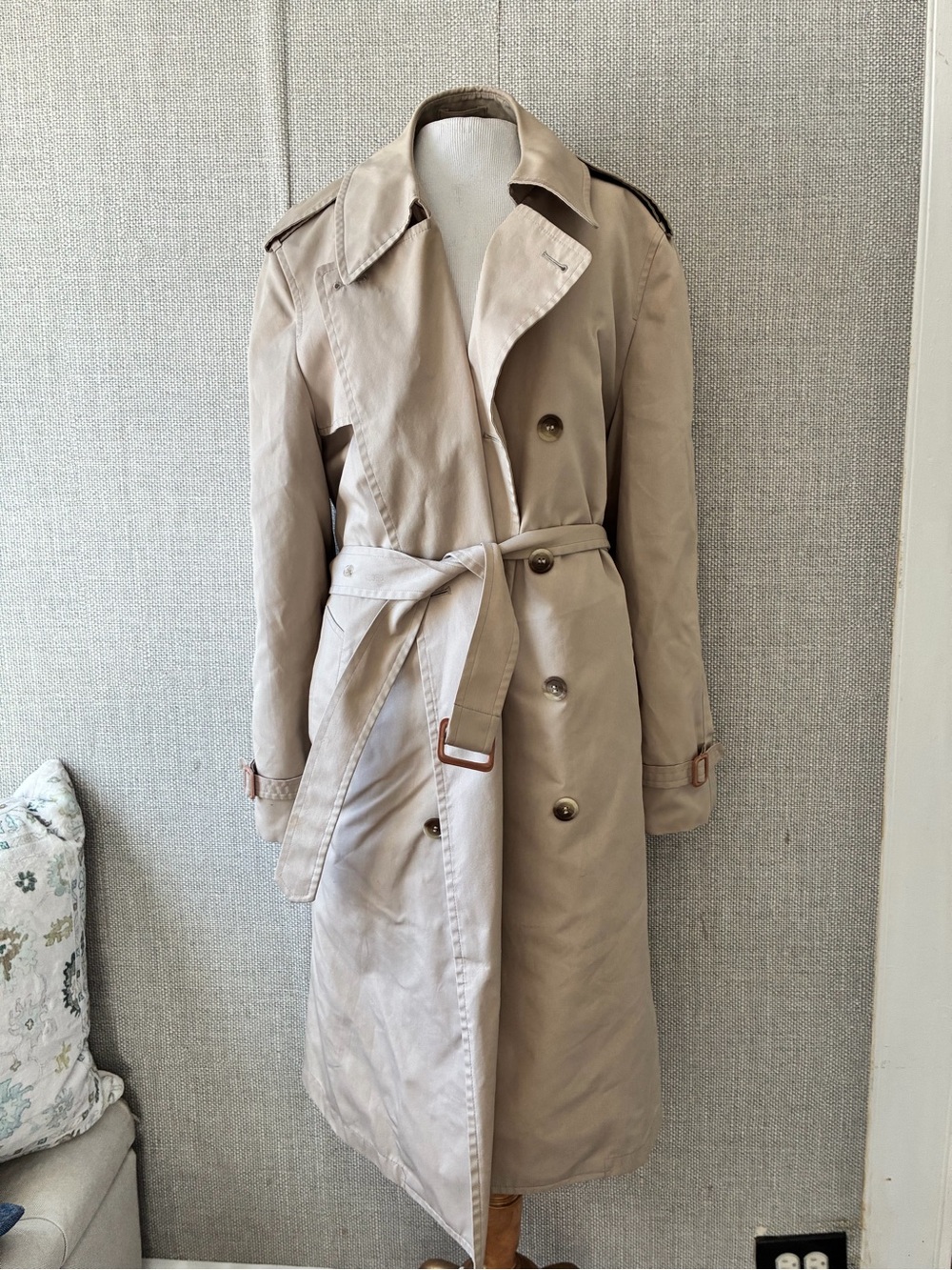 London Fog Light Beige Double-Breasted Belted Pea Coat